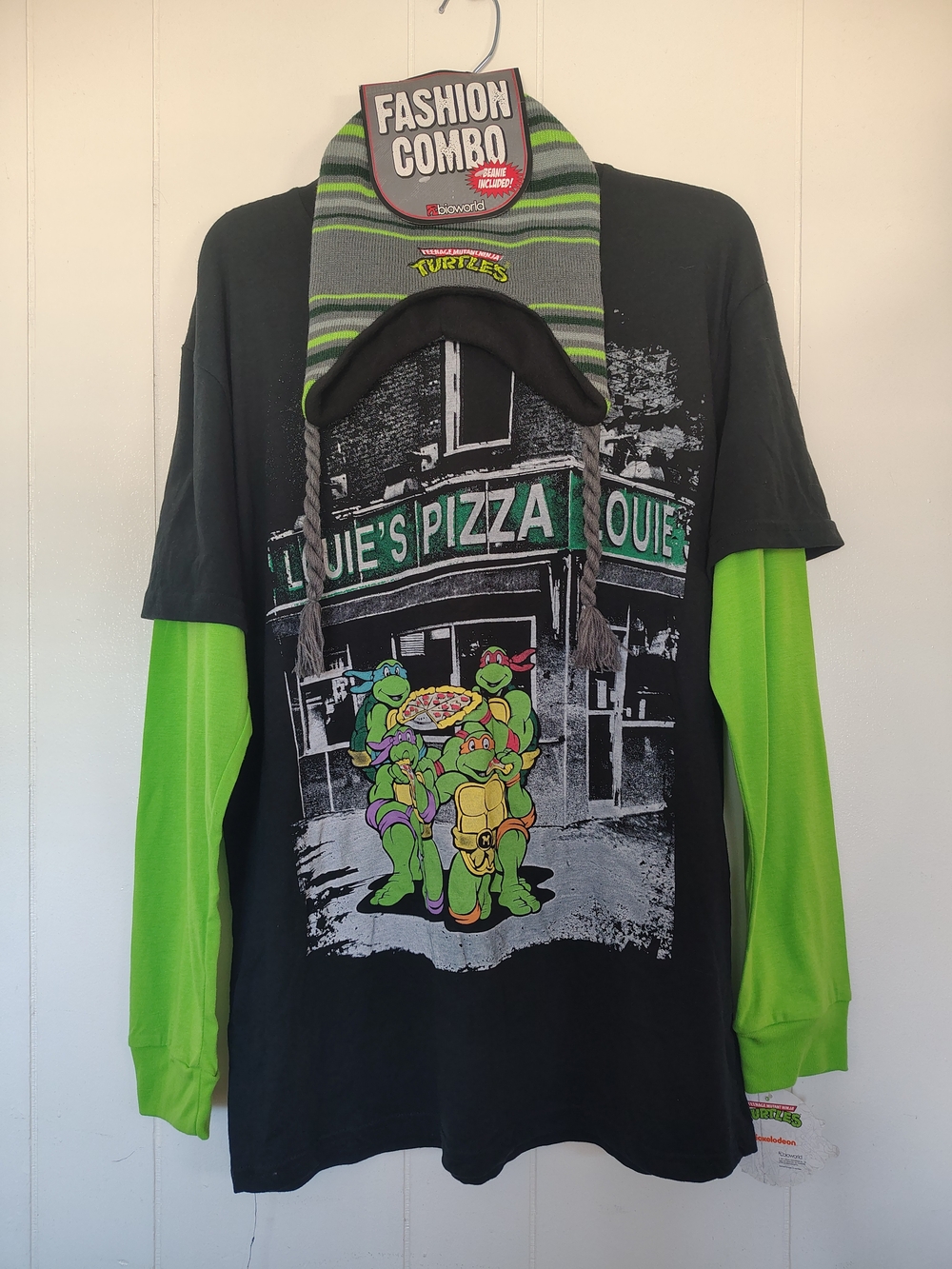 Nickelodeon Black Tee with Bright Green Layered Sleeves - TMNT Pizza Graphic